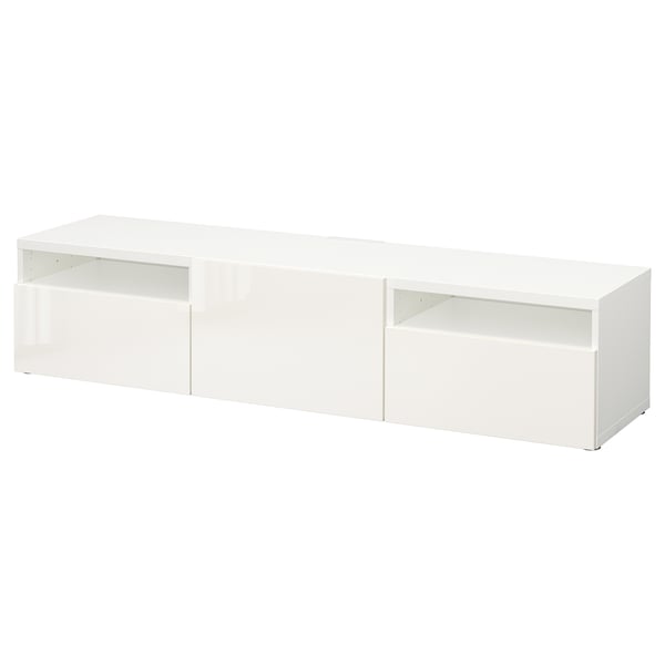 White BESTÅ tv bench, minimalist, rectangular design with open shelf and closed compartments, modern and sleek.
