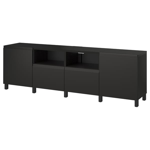 Black BESTÅ tv stand: modern, rectangular, glossy finish, four legs, two drawers, two open sections, adjustable shelves.