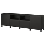 Black BESTÅ tv stand: modern, rectangular, glossy finish, four legs, two drawers, two open sections, adjustable shelves.
