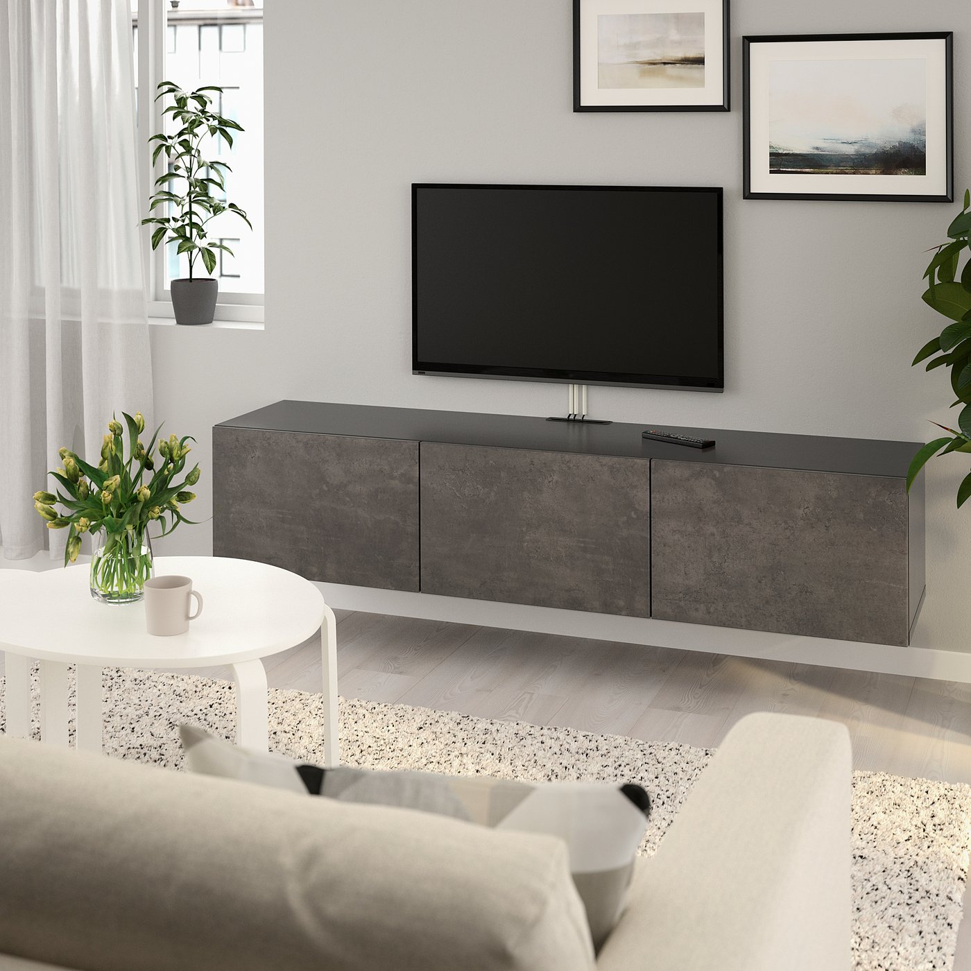 BESTÅ TV bench with doors, black-brown/Kallviken concrete effect