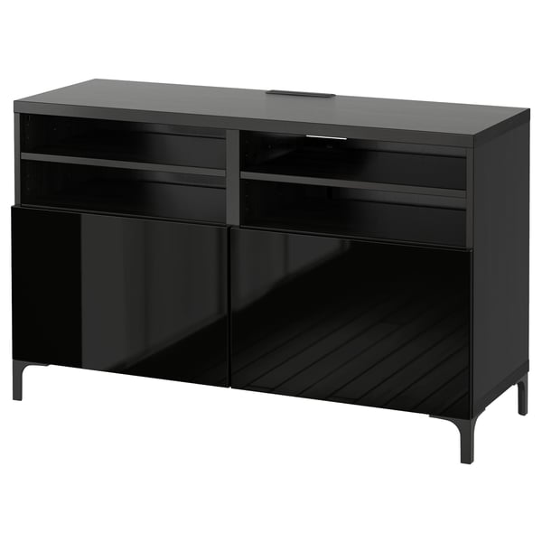 Black BESTÅ tv stand, sleek modern design with open shelves, glass doors, and cable management.