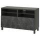 Modern dark green tv stand with marble powder-coated finish. Open shelves, double doors, and integrated cable management. Sleek, minimalist design.