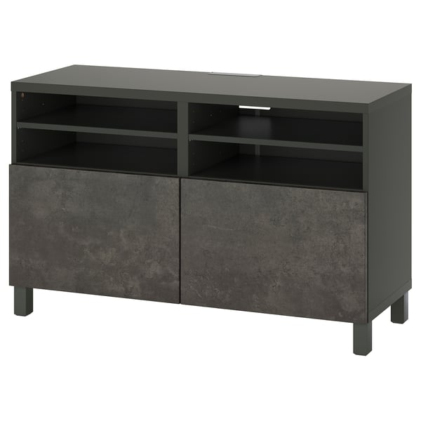 Modern black tv stand, BESTÅ series, with shelves and cabinet doors for storage, featuring clean lines and minimalist design.