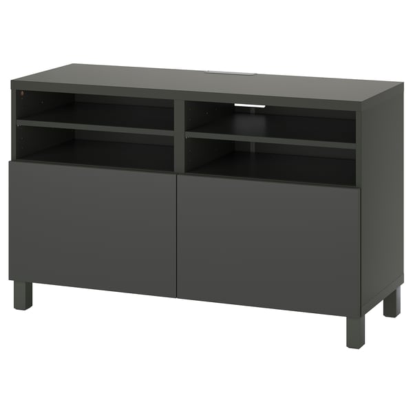 Dark gray BESTÅ tv stand with adjustable shelves and soft-closing drawers.