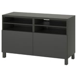 Dark gray BESTÅ tv stand with adjustable shelves and soft-closing drawers.