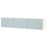 A white BESTÅ tv bench with three light blue doors. This modern furniture piece offers storage and cable management solutions.