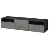 Modern black tv stand with 2 grey drawers and open storage, minimalist design.