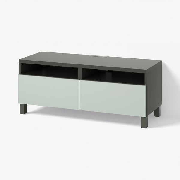 BESTÅ TV bench with drawers, dark grey/Hjortviken/Stubbarp pale grey-green, 120x42x48 cm
