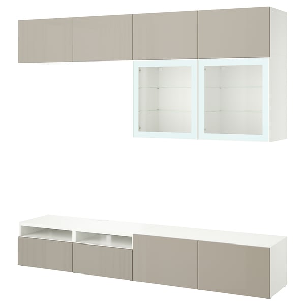 BESTÅ tv storage: white and beige, rectangular, wall-mounted, with glass doors and adjustable shelves.