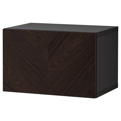 Dark brown wooden block cabinet, modern design, rectangular shape, storage unit.
