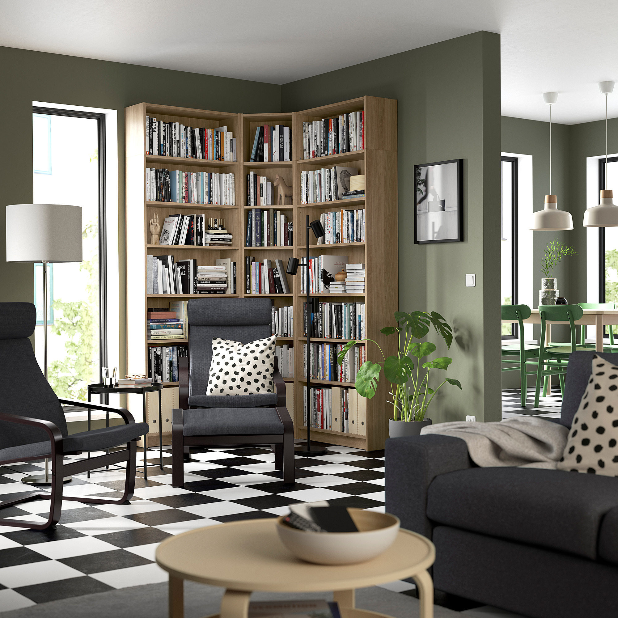 Modern living room with BILLY bookcase, grey armchairs, black & white checkered floor, light wood finish, and cozy decor.