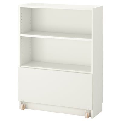 A white BILLY bookshelf, a versatile storage unit with an adjustable shelf and a drawer on wheels.