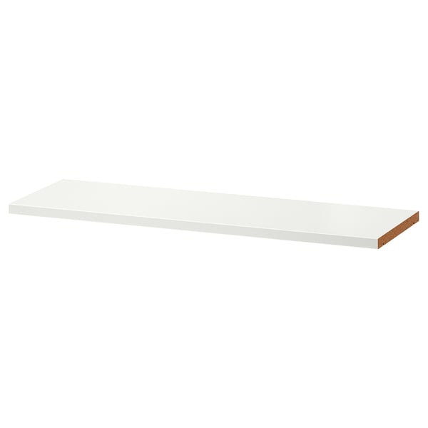 A white BILLY bookshelf shelf made of particleboard, plastic edging, and paper foil. It is rectangular and designed for adjustable storage.