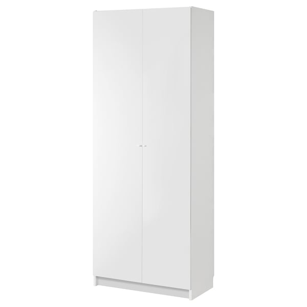 A white BILLY bookshelf, slim and rectangular, with smooth surfaces and concealed storage behind a panel door.