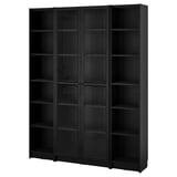 Black BILLY bookcase with adjustable shelves and glass doors for modern storage.