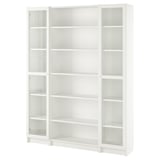 White BILLY bookshelf, sleek design, six adjustable shelves, glass doors, modern storage.