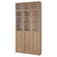 Option: Light brown wooden BILLY bookcase with glass doors, sleek modern design. Tall, rectangular, with adjustable shelves.