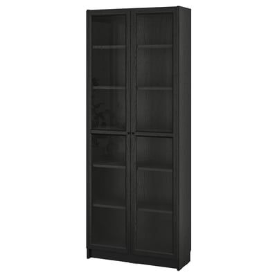 BILLY bookcase: tall black wooden with glass doors.