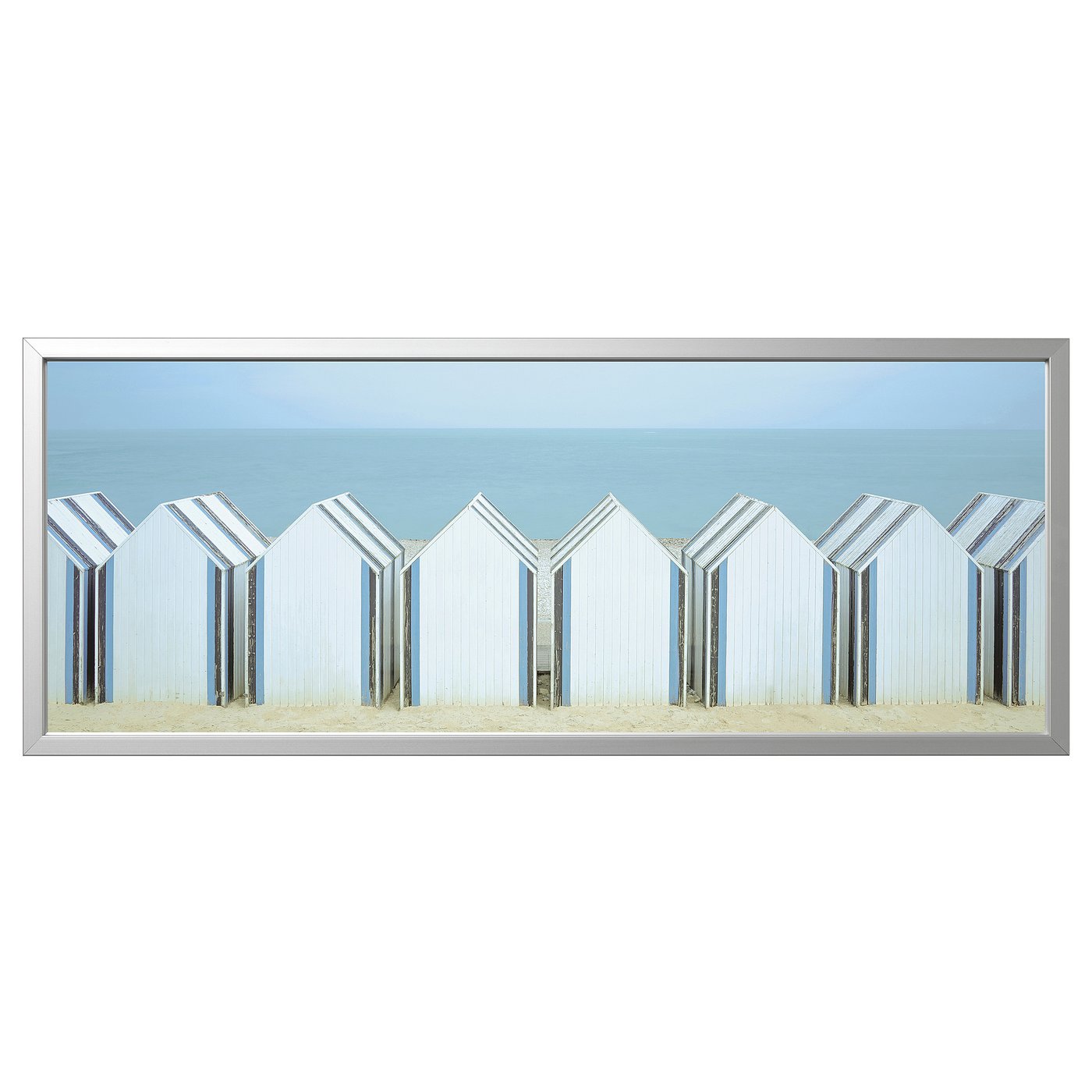 BJÖRKSTA picture with frame, beach huts/aluminium-colour, 140x56 cm ...