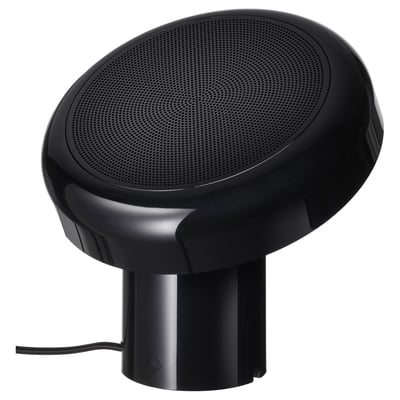 A modern black BLOMPRAKT speaker lamp with a sleek design and adjustable light.