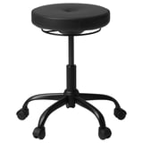 Black BLYKOBB stool with round seat, five caster wheels, adjustable height.