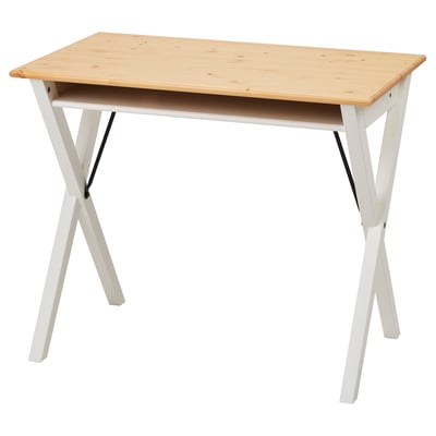 BOLLPOJKE desk: light wood top, white legs, simple design, open shelf.