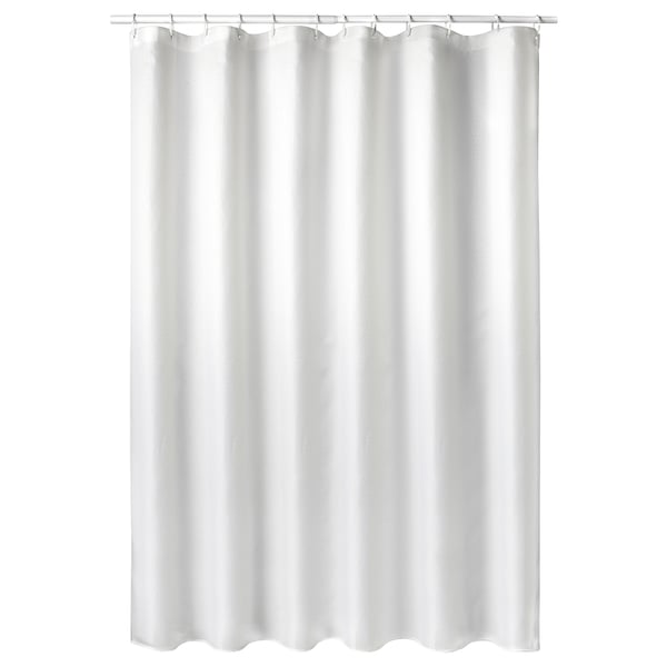 A white BORSTALOE shower curtain, made of recycled polyester, featuring a waffle texture.