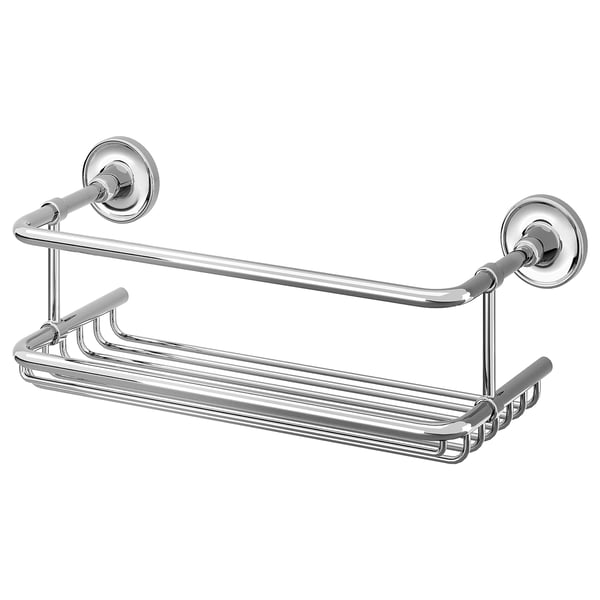 Chrome bathroom shelf with towel bar and storage.