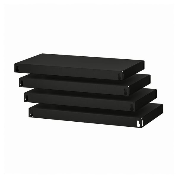 Black BROR shelves, stack of four rectangular metal shelves, sturdy design.