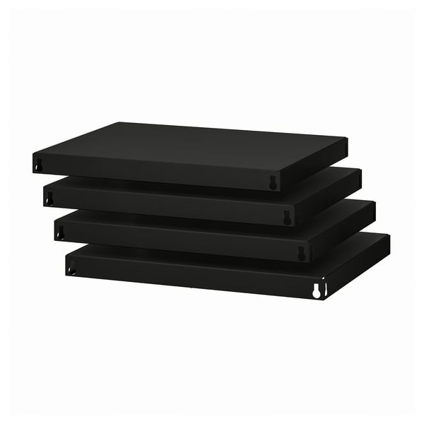 Four stacked black metal shelves, each with integrated handles, designed for heavy-duty storage.