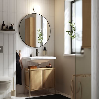BYASJÖN / TVÄLLEN Wash-stnd w doors/wash-basin/tap, oak effect, 66x37x59 cm