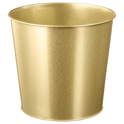 Gold-colored cylindrical metal planter; sleek, durable design; perfect for indoor plants.