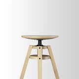 Adjustable wooden stool with round seat, three angled legs, and a footrest. Ideal for various heights.