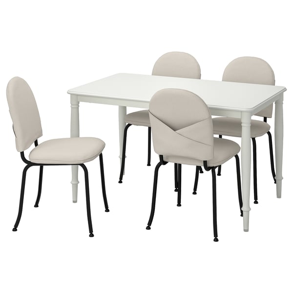 DANDERYD dining set includes white square table and four beige chairs, modern design with metal legs.
