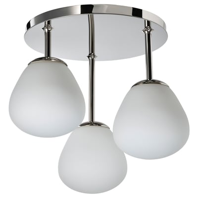 A DEJSA ceiling lamp with chromed details and three opal glass shades.