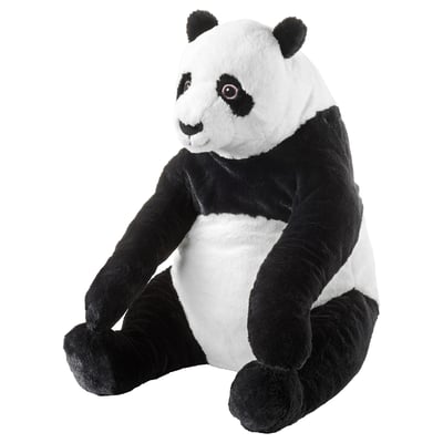 A plush panda toy named DJUNGELSKOG. Its black and white, made of recycled polyester, sitting upright, with a friendly and soft appearance.