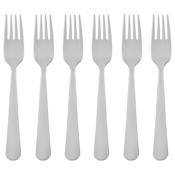 Six silver stainless steel forks with long, slender handles and four tines, arranged neatly in a row.