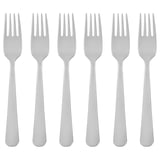 Six silver stainless steel forks with long, slender handles and four tines, arranged neatly in a row.