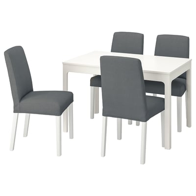 A white EKEDALEN dining set with a rectangular table and four gray chairs, featuring sturdy legs and upholstered seats and backs.