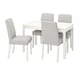 Option: White EKEDALEN dining set with square table and four fabric chairs. Gray cushioned seats, white legs, minimalist design.