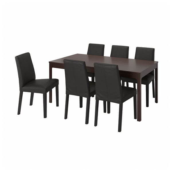 Six-piece dining set with dark brown wooden table and black leather chairs.