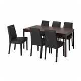 Six-piece dining set with dark brown wooden table and black leather chairs.