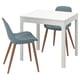Modern white square dining set with blue chairs, wooden legs.