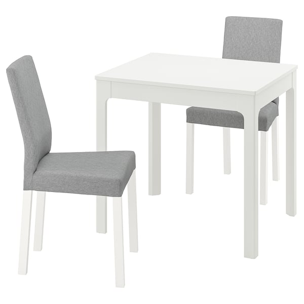 White extendable dining set with 2 grey chairs, minimalist design.
