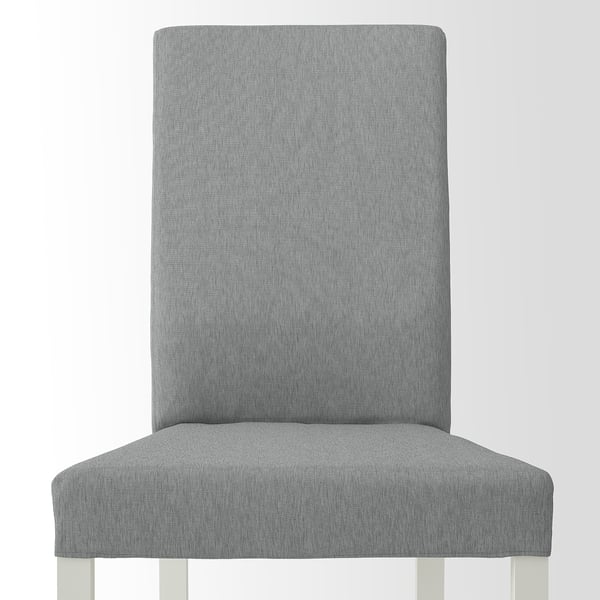 Highback grey fabric dining chair with solid legs.
