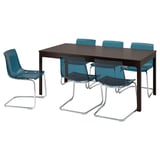 Modern dining set with brown EKEDALEN table and four blue chairs, featuring chrome legs and transparent blue seats.
