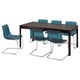 Modern dining set with brown EKEDALEN table and four blue chairs, featuring chrome legs and transparent blue seats.