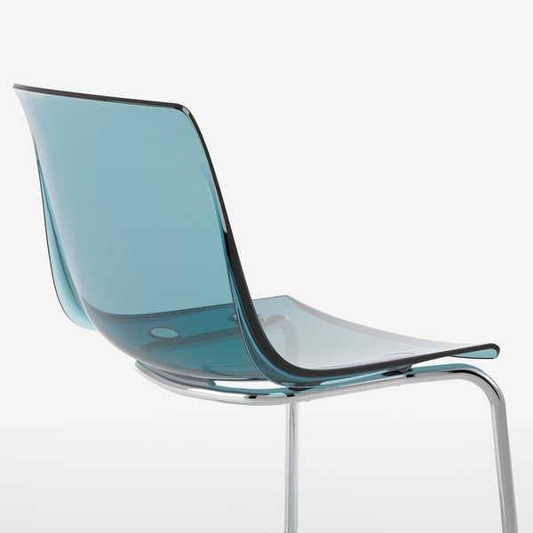 Modern clear blue chair, sleek metal frame, stylish and comfortable.