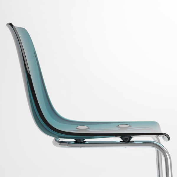 Clear blue plastic chair, sleek metal frame, minimalist design.