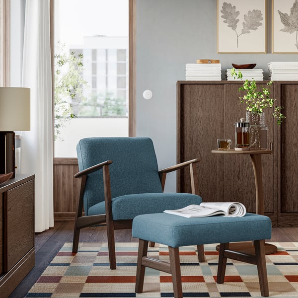 EKENÄSET Armchair, walnut effect/Axvall dark grey-blue